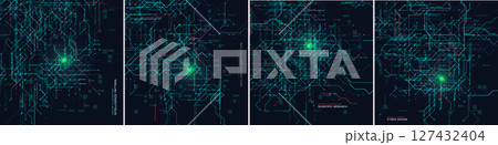 Glowing Data Circuits Map Background Set with glowing centre like route or cyberpunk underground map. Futuristic Intelligence Cyber Grid BG Design. Vector Illustration. 127432404