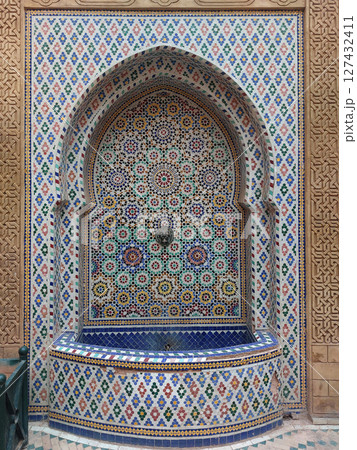 Moroccan public mosaic fountains made by zellige Moroccan public mosaic fountains made by zellige 127432411