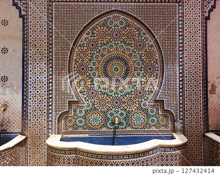 Moroccan public mosaic fountains made by zellige 127432414