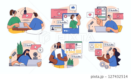 Video and podcast concept set for web design. Collection with people broadcasting online, recording talks in mic at studio, streaming live, more. Flat vector illustration isolated on white background. Video and podcast concept set for web design. Collection with people broadcasting online, recording talks in mic at studio, streaming live, more. Flat vector illustration isolated on white background. 127432514