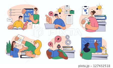 School learning concept set for web design. Collection with people doing homework, studying in classroom, training at lessons and seminars, more. Flat vector illustration isolated on white background. 127432518