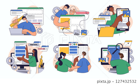 Website design concept set for web design. Collection with people building responsive wireframe site layout, create application pages, more. Flat vector illustration isolated on white background. 127432532