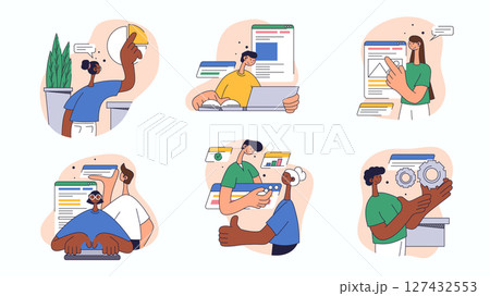 Business and marketing concept set for web design. Collection with people analyzing data, targeting advertising, create promotion strategy, more. Flat vector illustration isolated on white background. 127432553