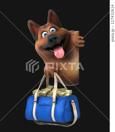 Fun 3D cartoon dog with a bag of money(on alpha) Fun 3D cartoon dog with a bag of money(on alpha) 127432614