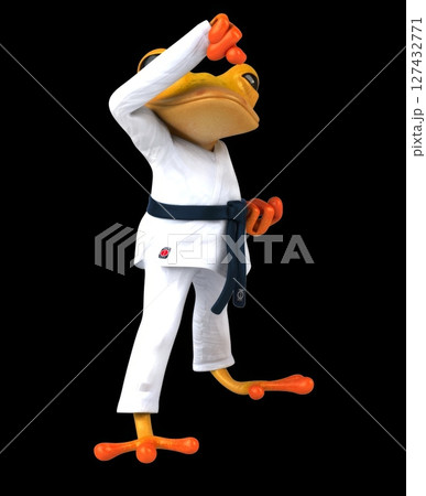 Fun 3D cartoon karateka frog doing a jodan age uke (with alpha channel) Fun 3D cartoon karateka frog doing a jodan age uke (with alpha channel) 127432771