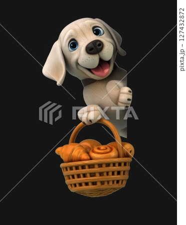 Fun 3D cartoon dog with a basket of pastries (on alpha) 127432872