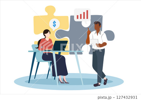 Financial metrics and team collaboration depicted with laptop and charts. Vector illustration 127432931