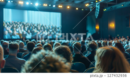 Back view of audience in the conference hall or seminar meeting with large media screen showing video presentation. 127432936