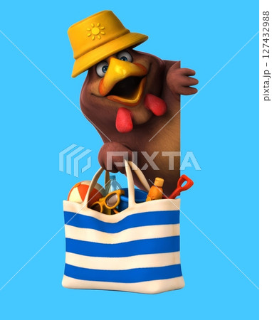 Fun 3D cartoon chicken with a beach bag (on alpha) 127432988