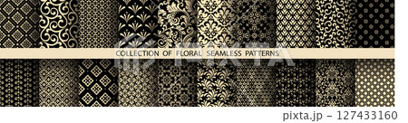 Geometric floral set of seamless patterns. Golden and black vector backgrounds. Damask graphic ornaments Geometric floral set of seamless patterns. Golden and black vector backgrounds. Damask graphic ornaments 127433160