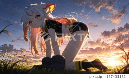 Energetic Anime Girl with Cat Ears at Sunset 127433181