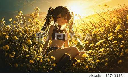 Anime Girl in Golden Field at Sunset 127433184