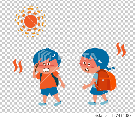 Heat stroke: Illustration of elementary school students going to and from school Heat stroke: Illustration of elementary school students going to and from school 127434388