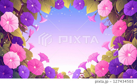 晴れた空をバックに朝顔が咲いている風景のフレーム 127434503