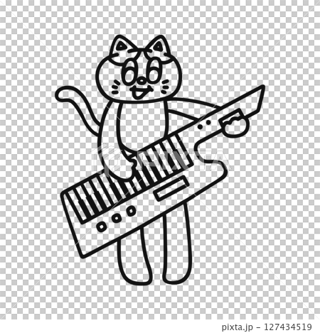 Cat playing a shoulder keyboard - Line drawing Cat playing a shoulder keyboard - Line drawing 127434519