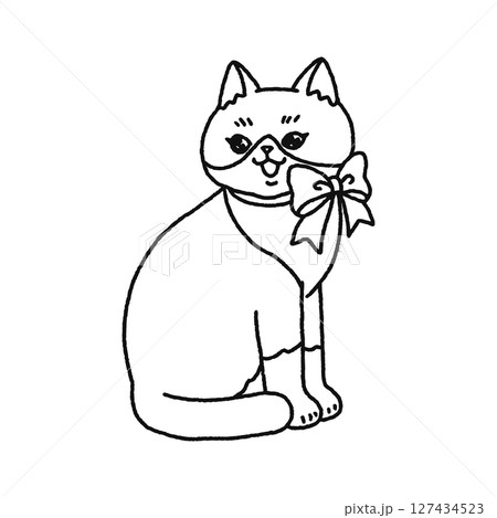 リボンをつけたカワイイ猫 線画 リボンをつけたカワイイ猫 線画 127434523