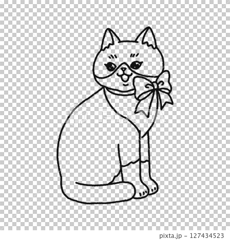 リボンをつけたカワイイ猫 線画 リボンをつけたカワイイ猫 線画 127434523