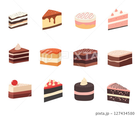 Delicious array of cake slices and whole cakes with different toppings. 127434580