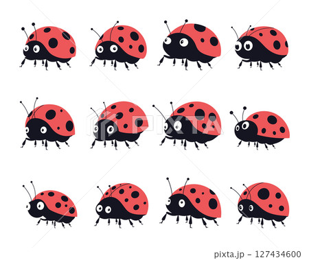 Cartoon ladybugs marching across a white surface in perfect unison. 127434600