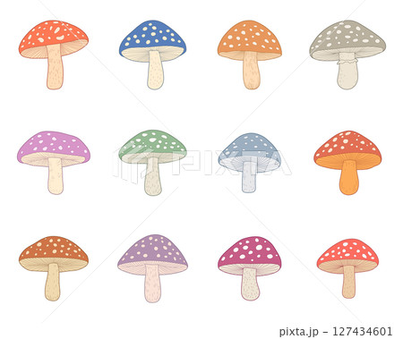 Collection of Colorful Spotted Mushrooms, Isolated on White Background 127434601