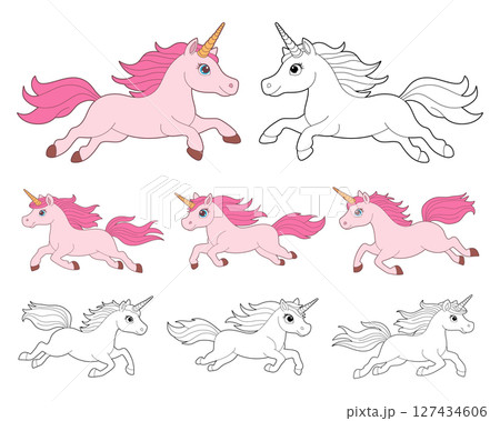 Running unicorns, pink and white outline drawings, whimsical and fantasy style. 127434606