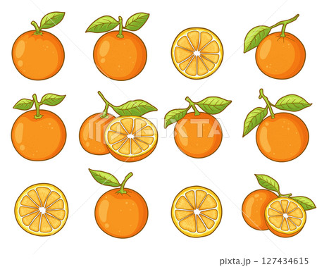 Collection of vibrant oranges, some whole, some sliced, with green leaves. 127434615