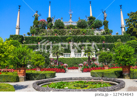 Baroque terraced garden of Borromeo Palace facing Lake Maggiore, Isola Bella (one of the Borromean Islands), Stresa, Italy 127434643