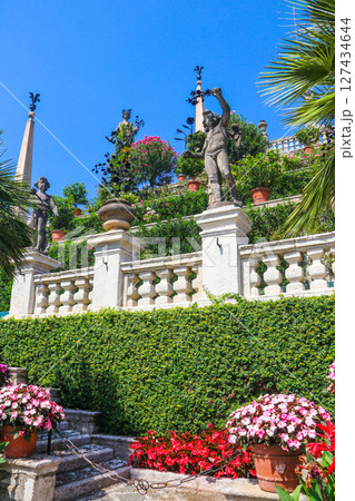 Baroque terraced garden of Borromeo Palace facing Lake Maggiore, Isola Bella (one of the Borromean Islands), Stresa, Italy Baroque terraced garden of Borromeo Palace facing Lake Maggiore, Isola Bella (one of the Borromean Islands), Stresa, Italy 127434644