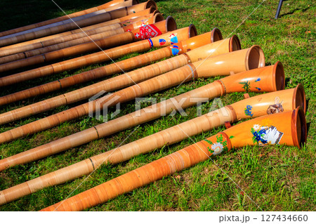 Alphorns laying on the grass on the alpine meadow Alphorns laying on the grass on the alpine meadow 127434660