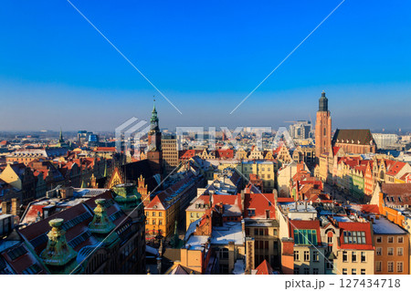 Amazing Wroclaw city view from Penitents Bridge of St. Mary Magdalene's Cathedral, Poland 127434718