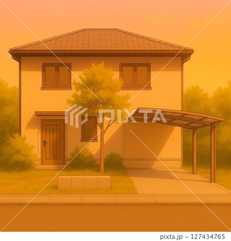 夕焼けに照らされたカーポート付きの住宅 127434765