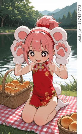 Energetic Anime Girl with Bear Paws at Picnic 127434772