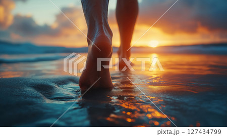 Bare feet walking along wet beach sand during colorful sunset, with ocean reflections and warm evening light. Serene and introspective coastal moment. Peaceful solitude. 127434799