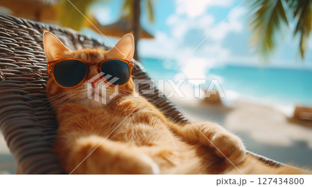 Funny ginger cat wearing sunglasses relaxing on a lounge chair under palm trees at tropical beach. Sunny vacation mood. 127434800