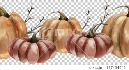 Gothic Halloween watercolor seamless border with orange and red pumpkins decorated with thorn branches illustration. Hand drawn October festive banner for poster, Dead day card,invitation design 127434943