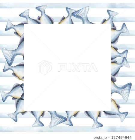 Blue monochrome summer watercolor banner template with fish tails on striped background illustrations. Hand drawn frame with tropical deep sea creatures,nautical style clipart for poster, card design 127434944