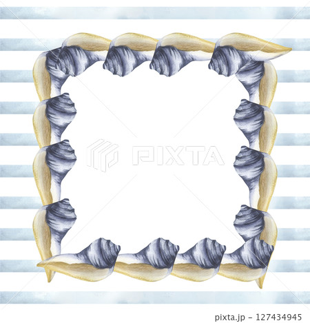 Sea shells in blue and beige colors on striped background watercolor banner template. Hand drawn frame with summer tropical elements, romantic style clipart for card, invitation design 127434945
