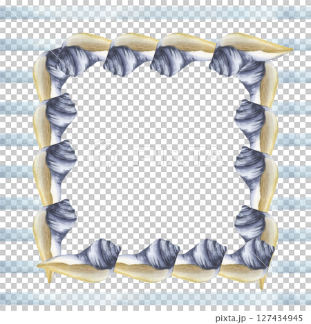 Sea shells in blue and beige colors on striped background watercolor banner template. Hand drawn frame with summer tropical elements, romantic style clipart for card, invitation design 127434945