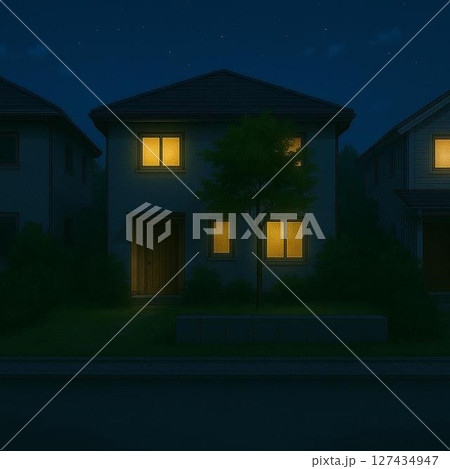 郊外の戸建てが並ぶ住宅街の夜景 127434947