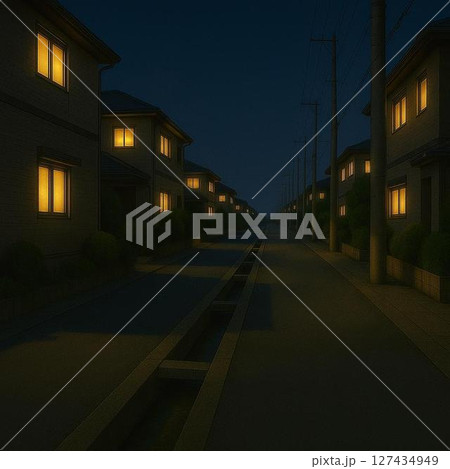 水路のある住宅街の夜景 127434949