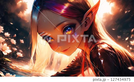 Glowing Anime Elf Girl with Bright Eyes and Colorful Hair by Wat 127434975
