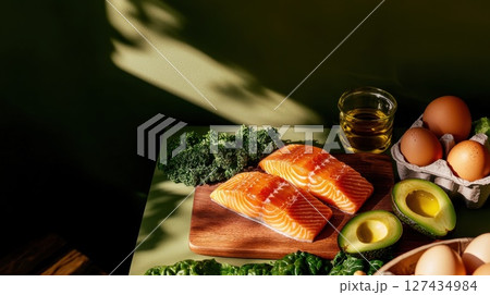 Fresh salmon, avocado, kale, and eggs arranged on a cutting board with olive oil, styled in soft light for clean eating, diet, and nutrition themes 127434984
