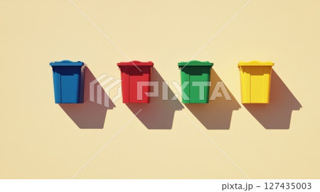 Minimal recycling bins in blue, red, green, and yellow mounted on pastel wall, symbolizing eco-friendly waste sorting and sustainable city living 127435003