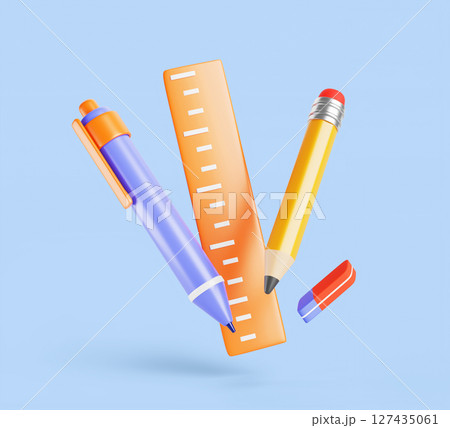 School and office stationery 3d set. Education supplies for children study. Cartoon render icons of pen, pencil, ruler, eraser. Flying student accessories isolated on blue background. 3D illustration School and office stationery 3d set. Education supplies for children study. Cartoon render icons of pen, pencil, ruler, eraser. Flying student accessories isolated on blue background. 3D illustration 127435061