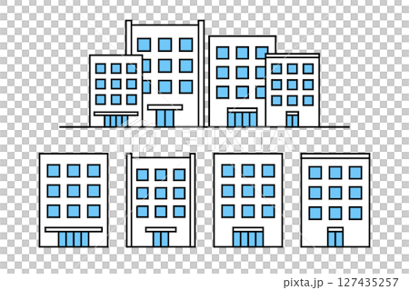 オフィス街をイメージしたイラストと各ビルのアイコン素材 オフィス街をイメージしたイラストと各ビルのアイコン素材 127435257