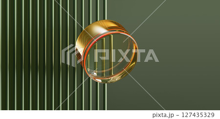 Gold glass circle on green line wall background. Luxury 3d wallpaper with golden crystal ring, geometric shape of glossy transparent puck or coin. Premium banner with empty space. 3D illustration Gold glass circle on green line wall background. Luxury 3d wallpaper with golden crystal ring, geometric shape of glossy transparent puck or coin. Premium banner with empty space. 3D illustration 127435329