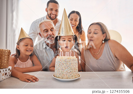 Girl, birthday cake and candles for happy family at party, celebrate or together in home. Child, black family and celebration with cake, birthday party or event in house with happy birthday surprise Girl, birthday cake and candles for happy family at party, celebrate or together in home. Child, black family and celebration with cake, birthday party or event in house with happy birthday surprise 127435506