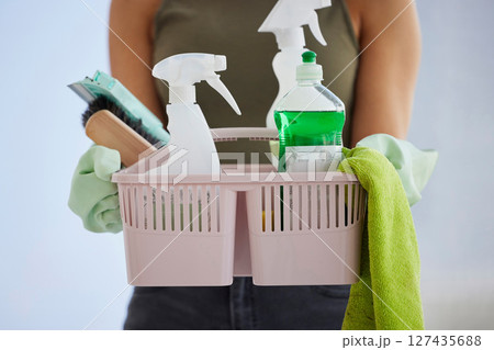 Cleaning service, product basket and cleaner hands for house work, office or home with plastic bottle, product and cloth gear. Woman zoom with hygiene liquid or detergent for spring cleaning career 127435688