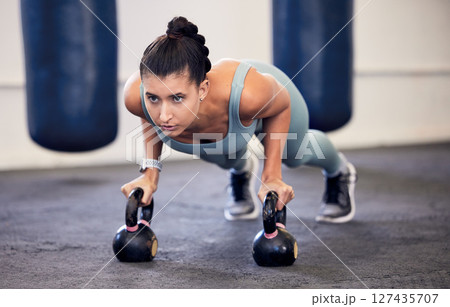 Exercise, kettlebell plank and woman focus on fitness, body transformation goals or health wellness. Workout motivation, sports challenge determination and athlete training on boxing gym floor Exercise, kettlebell plank and woman focus on fitness, body transformation goals or health wellness. Workout motivation, sports challenge determination and athlete training on boxing gym floor 127435707