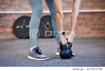 Kettlebell training, exercise and woman hands, weightlifting and fitness, workout and sports challenge in gym. Closeup female athlete, body builder and deadlift with heavy weights, wellness and power Kettlebell training, exercise and woman hands, weightlifting and fitness, workout and sports challenge in gym. Closeup female athlete, body builder and deadlift with heavy weights, wellness and power 127435708